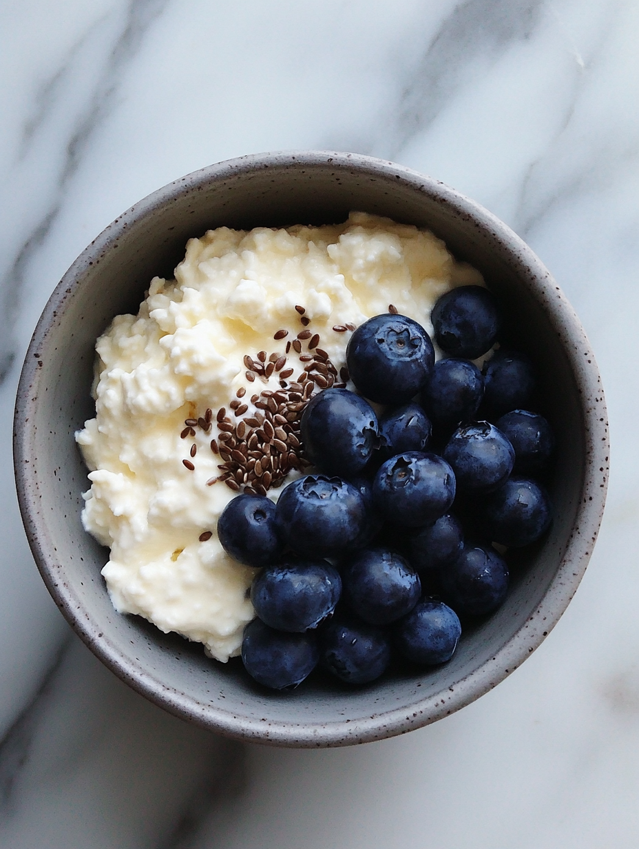 Creamy cottage cheese with blueberries on marble table.