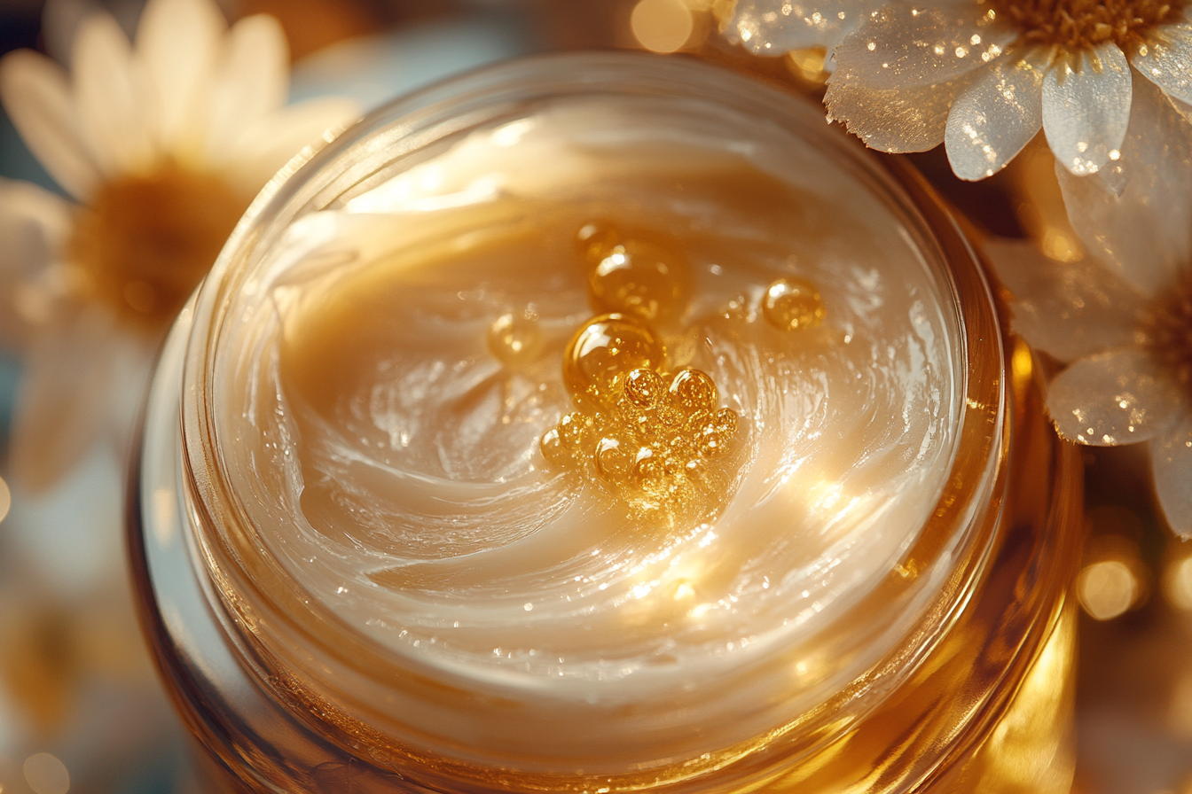 Creamy jar with golden oil, surrounded by nature