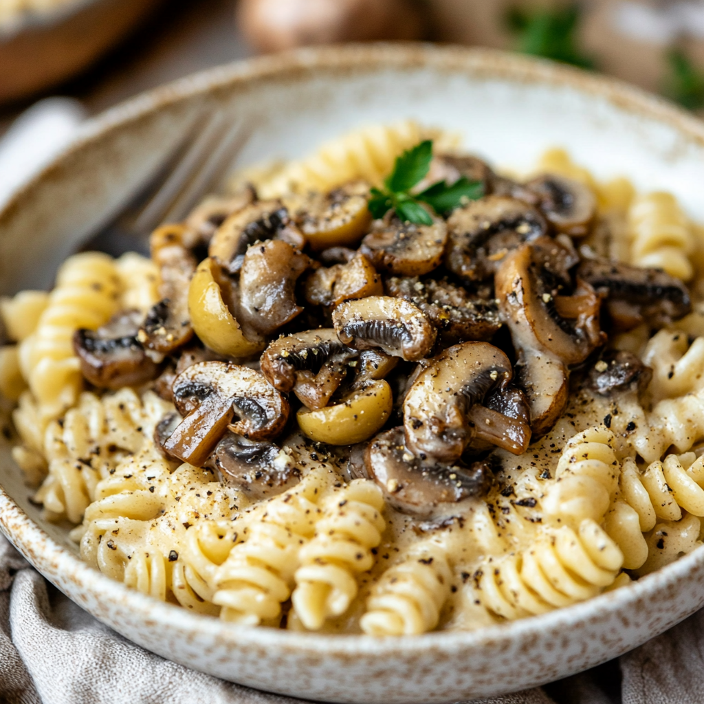 Creamy mushroom pasta with yogurt sauce, sautéed mushrooms, black pepper.