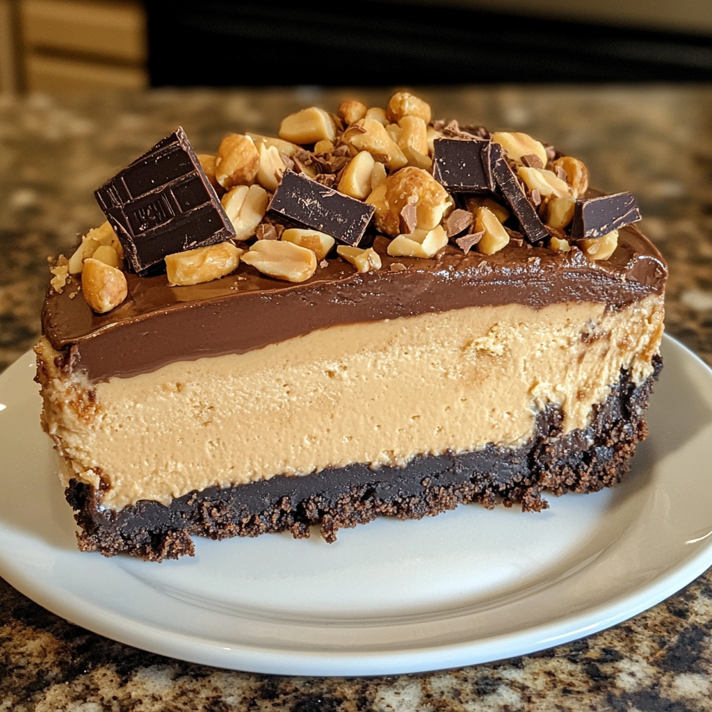 Creamy peanut butter cheesecake with chocolate crust and topping.