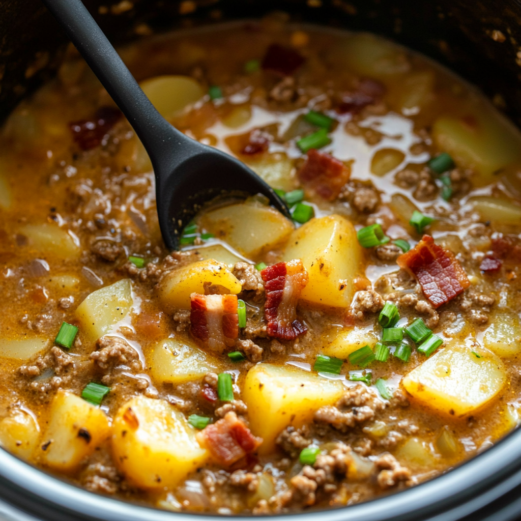 Creamy potato soup with beef and bacon garnish.