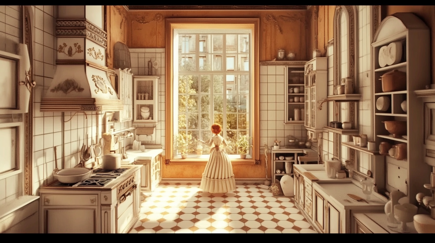 Create 18th century kitchen with wide view window.