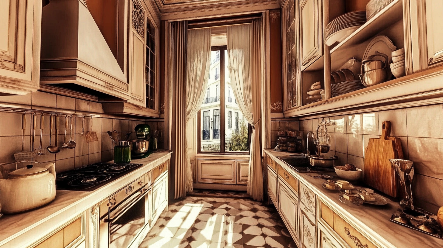 Create 19th century kitchen with wide window view.