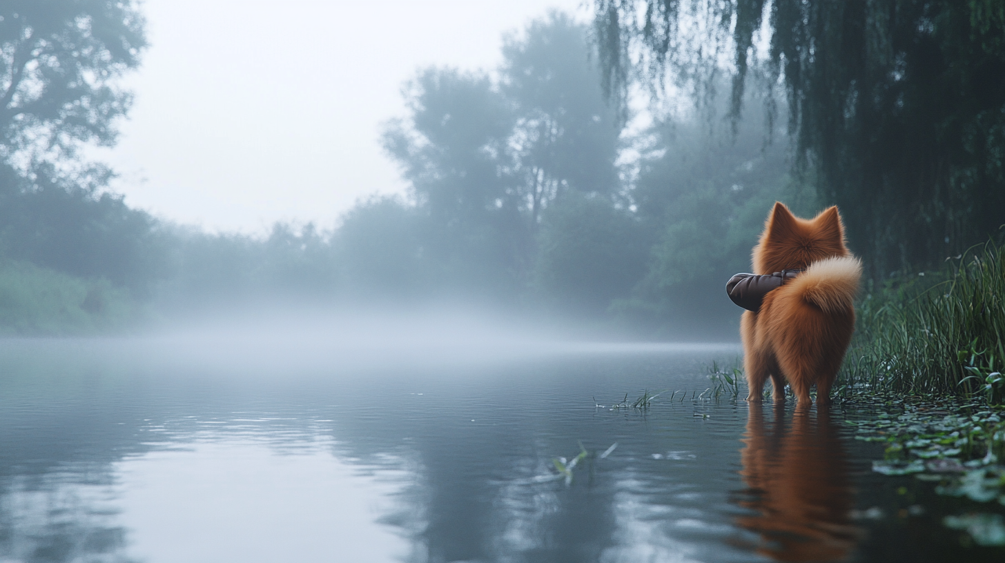 Create 4K image of Pomeranian walking in gloomy fog.