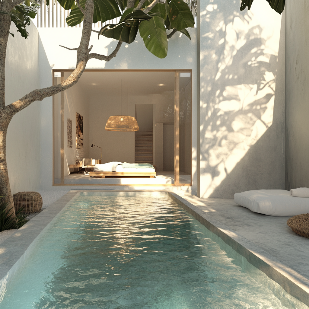 Create Bali villa 75sqm, pool 11sqm, minimalist design.