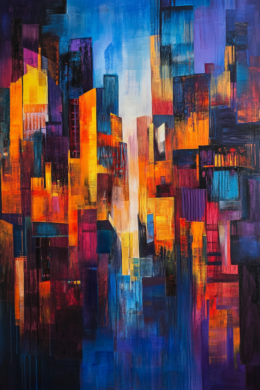 Create abstract canvas of city at dusk: energy, elegance.