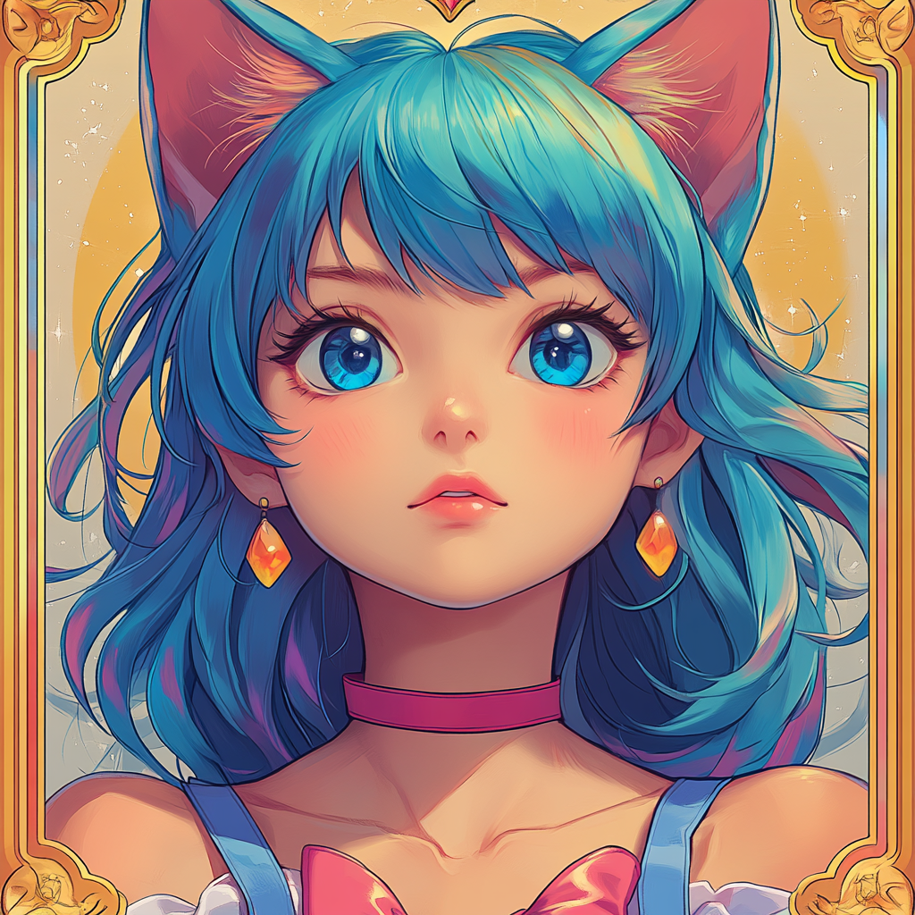 Create anime-style trading card with pastel colors and cat ears.