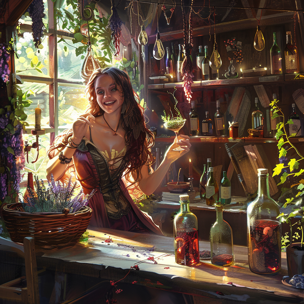 Create beautiful ancient apothecary with glass bottles, herbs, witch.