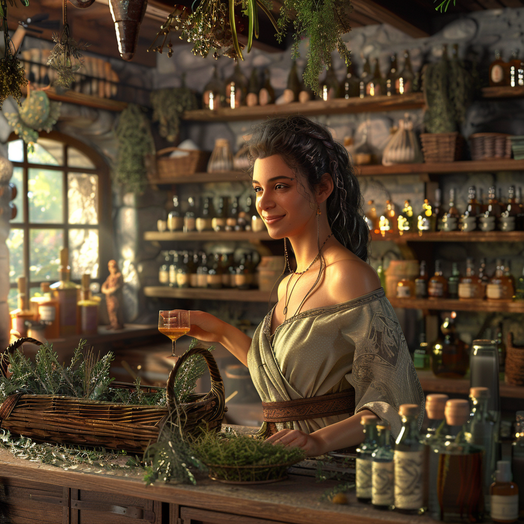 Create beautiful ancient apothecary with glass bottles herbs.