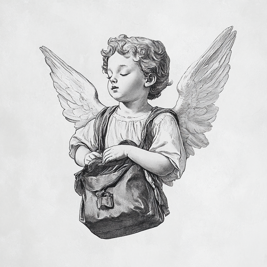 Create black and white child angel drawing with bag.