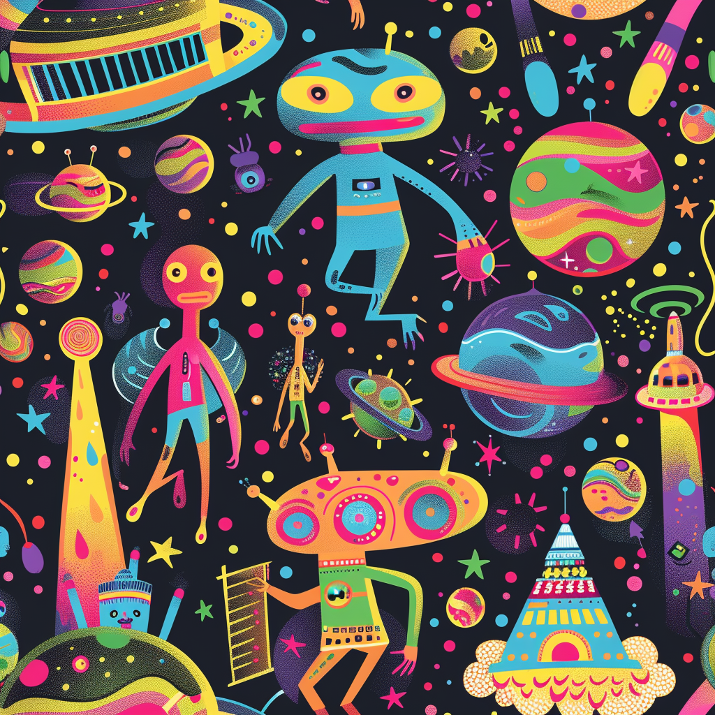 Create colorful pop art background with alien characters.