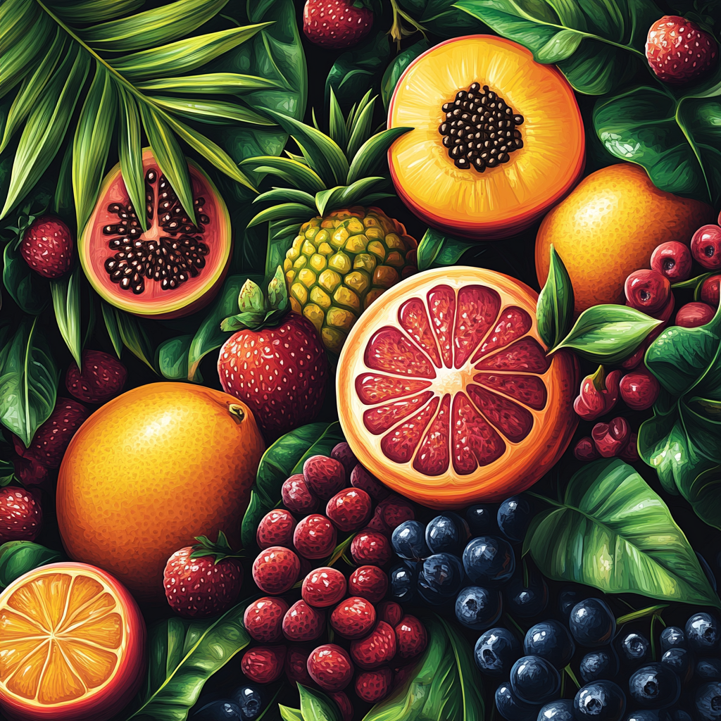 Create cover with healthy foods in jungle illustration.