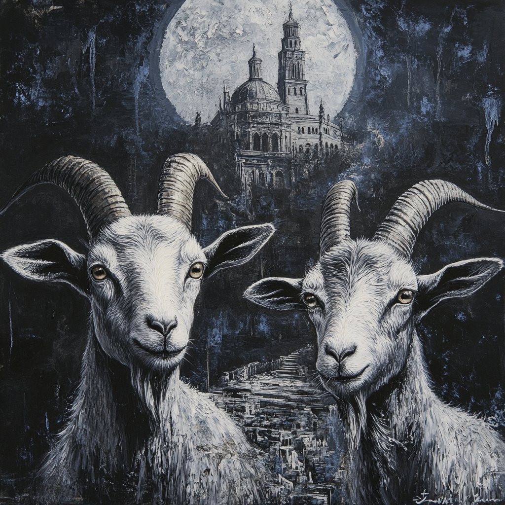 Create futuristic painting with two goats and building.