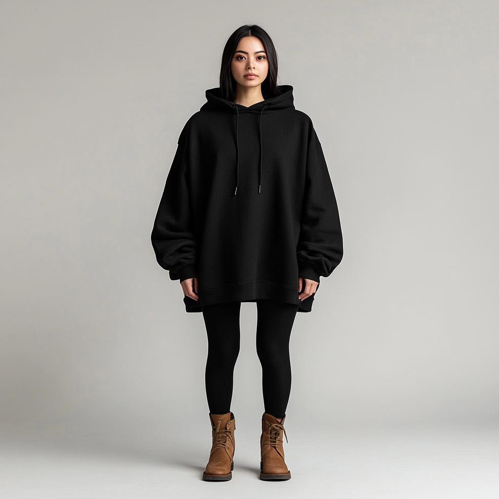 Create image of tall model in oversized black hoodie.