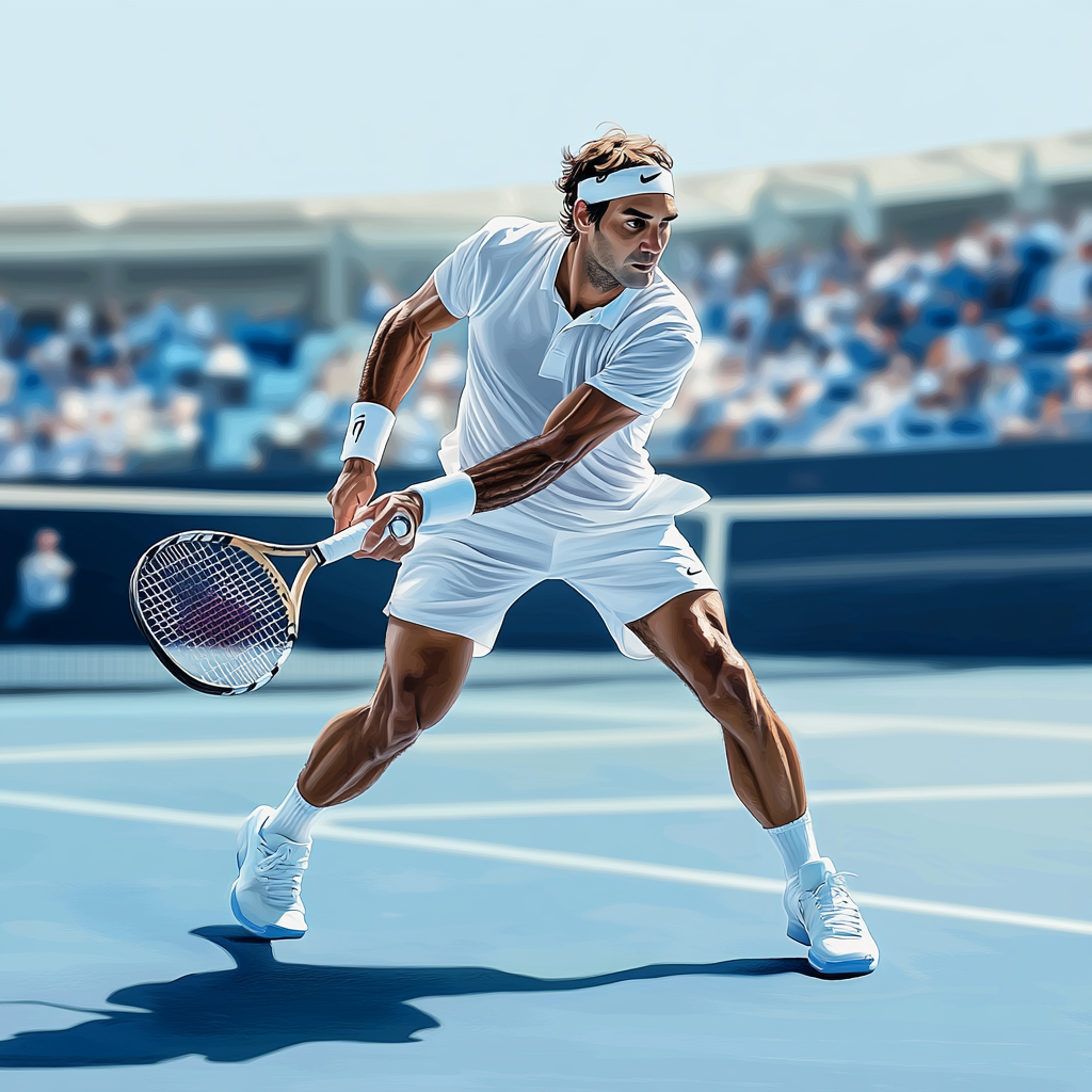 Create lifelike image of focused tennis player mid-action.