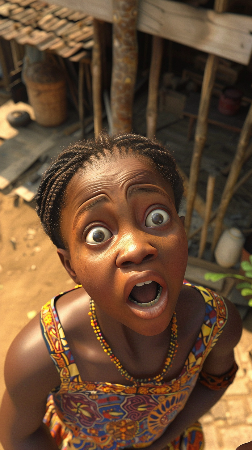 Create lifelike image: Gladys, teen in African attire, shocked.