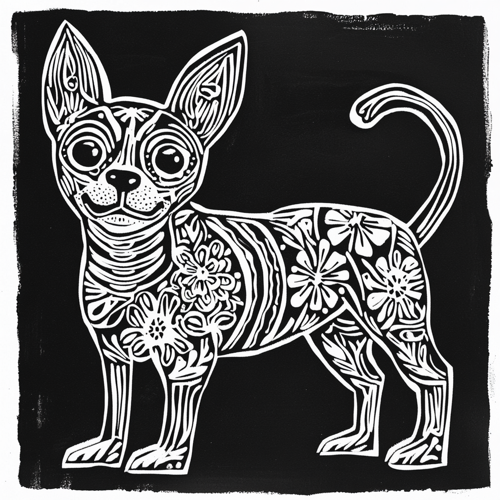 Create lino print of dog-cat figure with floral patterns.