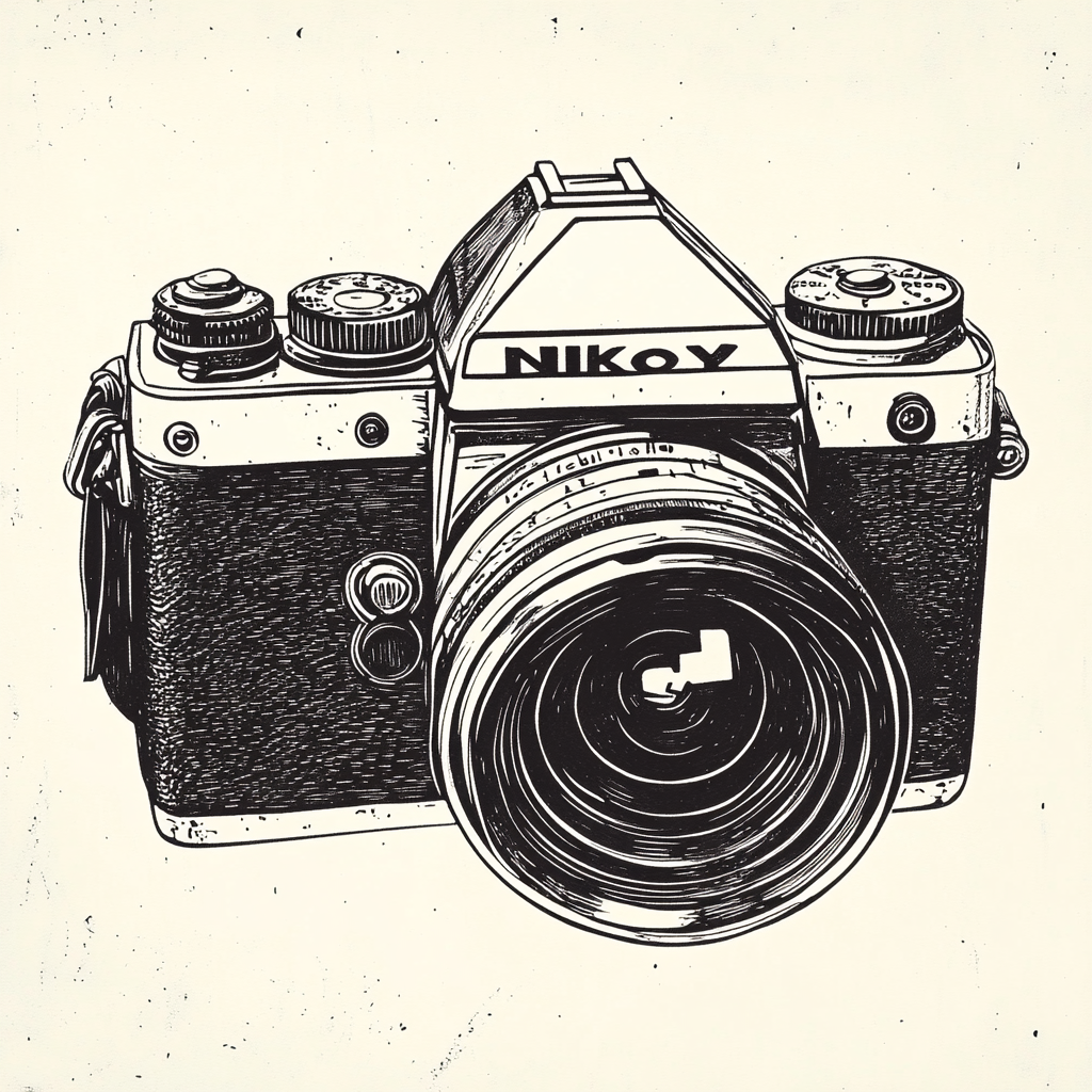 Create lino print of vintage Nikon AF film camera.