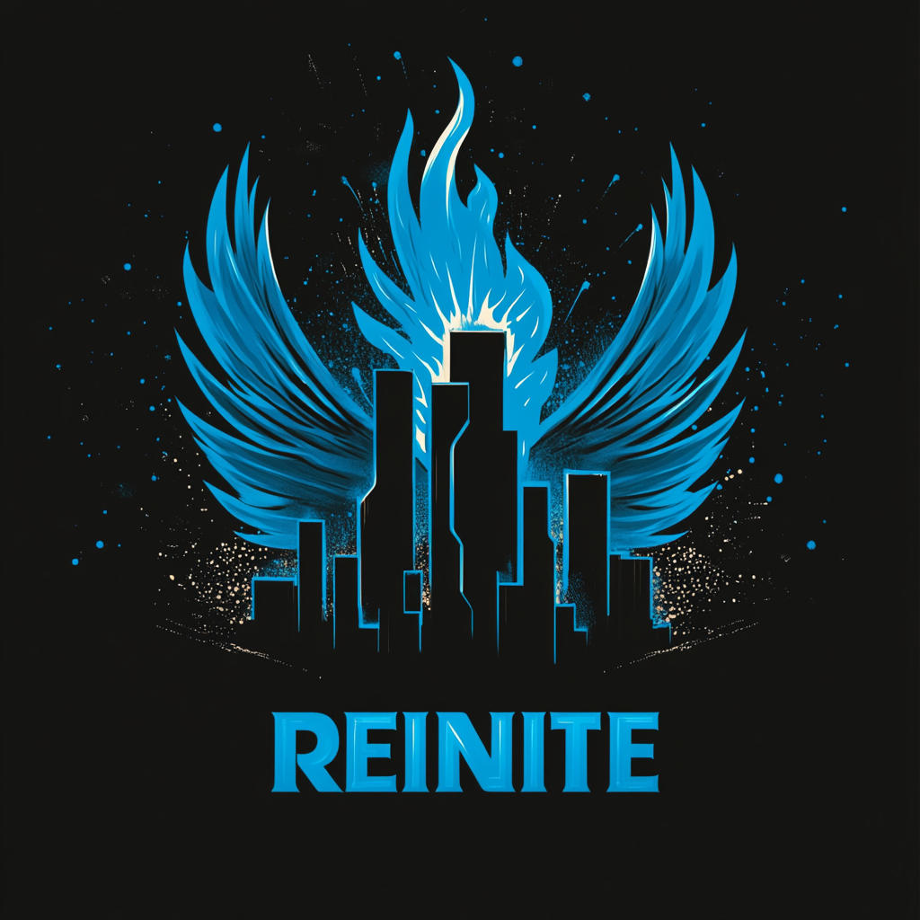 Create logo with Houston skyline, fiery phoenix, 'REIGNITE'.