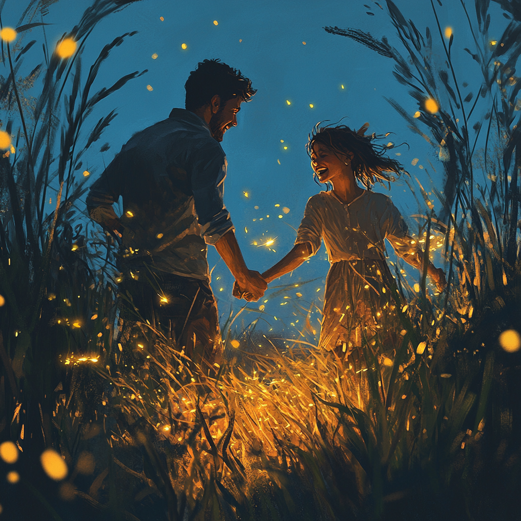 Create man and woman holding hands, chasing fireflies.