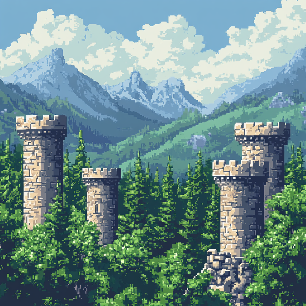 Create medieval pixel art game cover with towers.