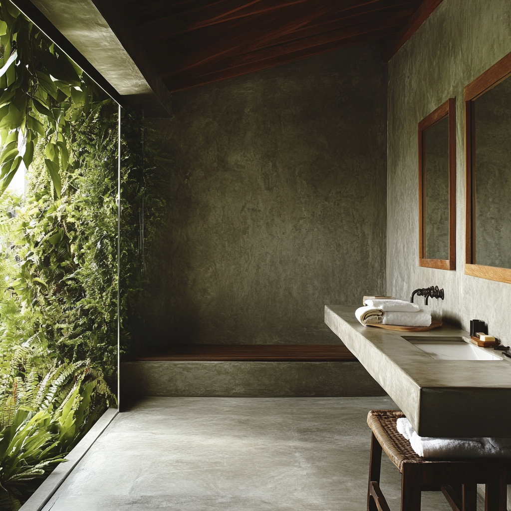 Create minimalist, natural bathroom with polished concrete walls.