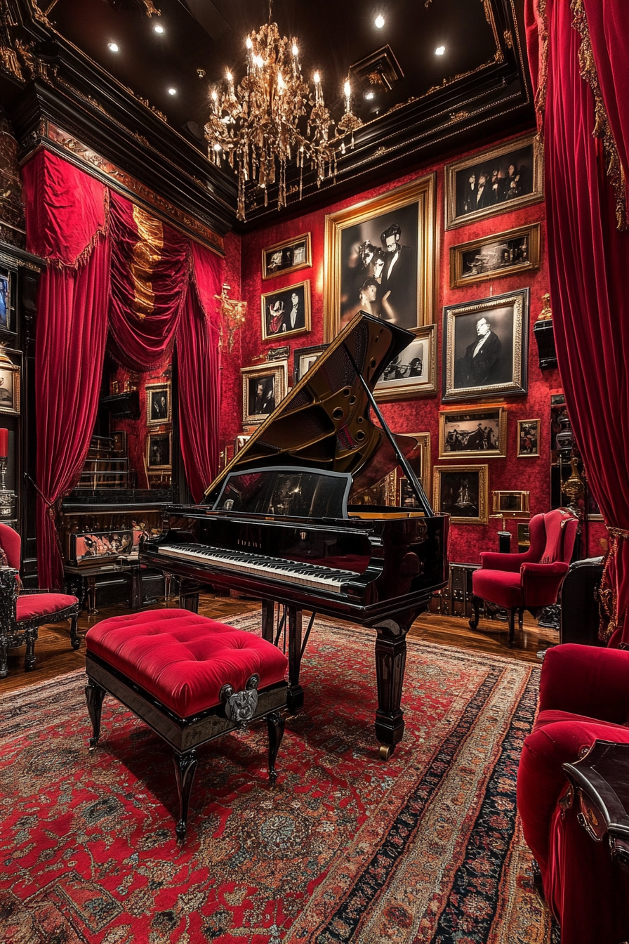 Create music room with Phantom’s Opera drama, grand piano.