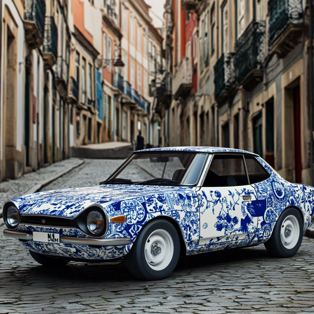 Create realistic image of Datsun 1200 with azulejo tiles.