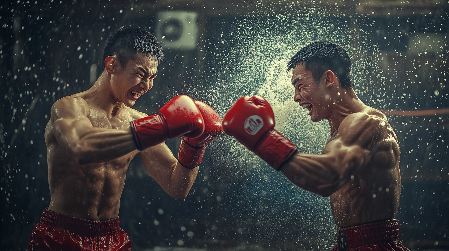 Create two Asian boxers throwing bucket, red gloves.