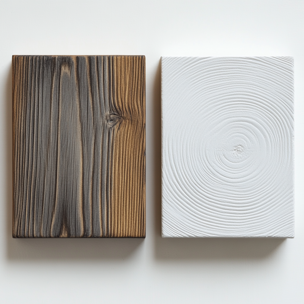 Create two square color swatch images with minimal wood grain texture.