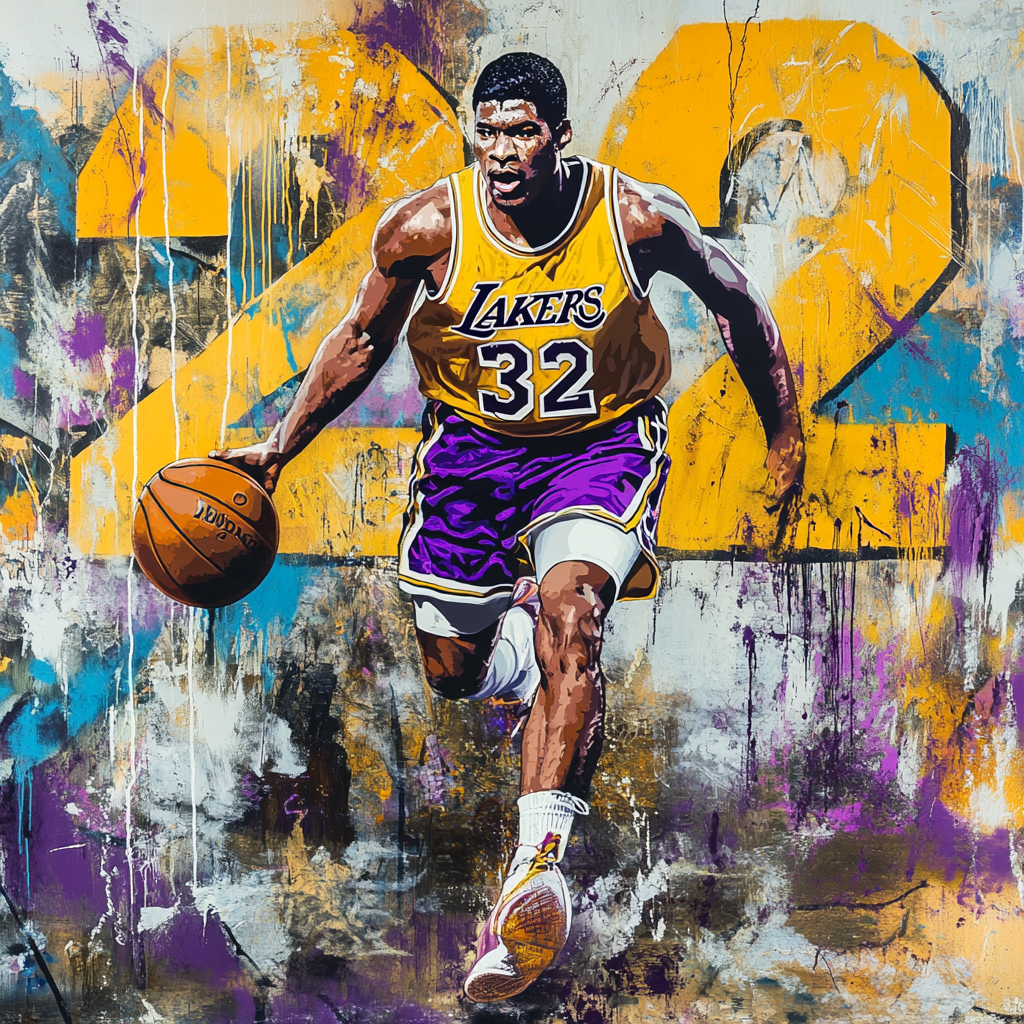 Create vibrant graffiti mural of Magic Johnson with number 32.