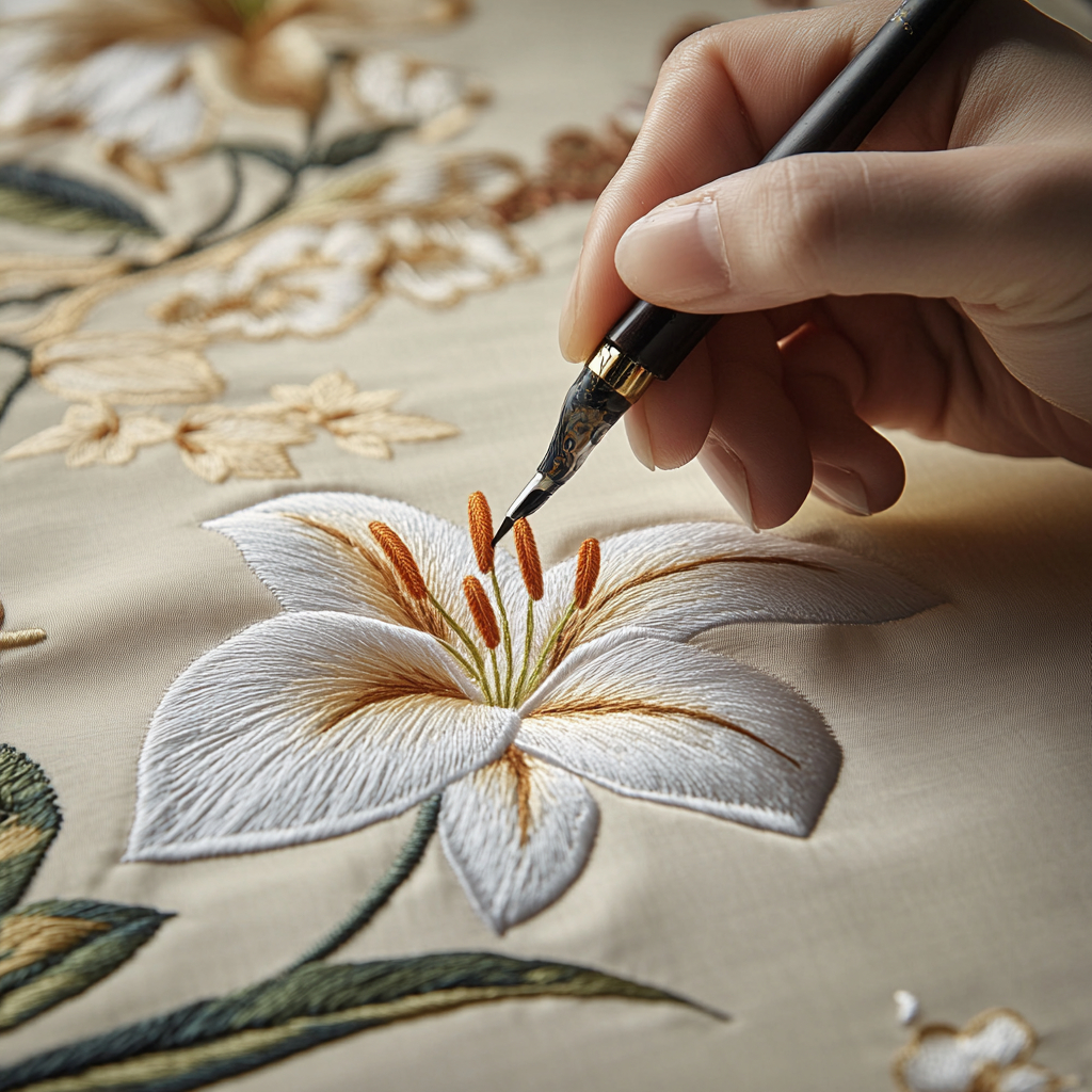 Creating a Lily Flower Design on Beige Silk