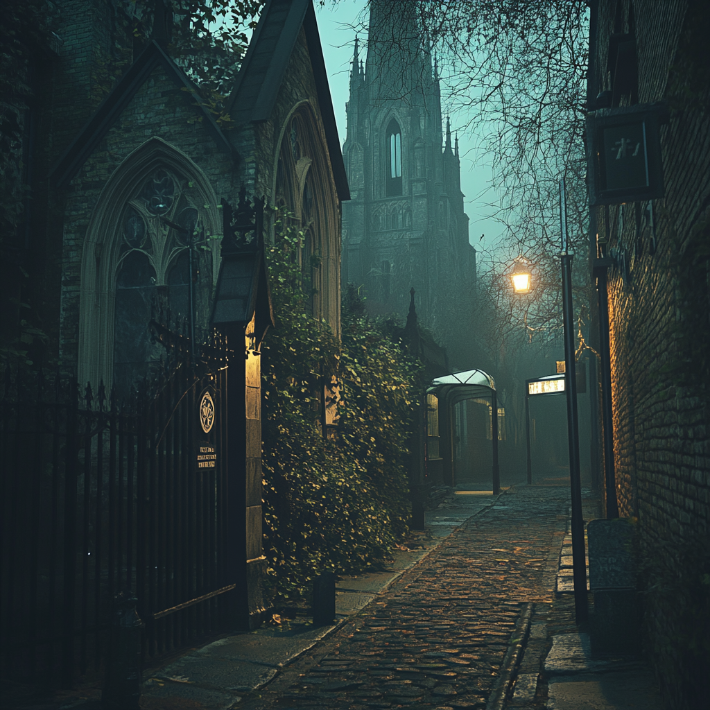 Creepy, foggy London alley with gothic church and cemetery