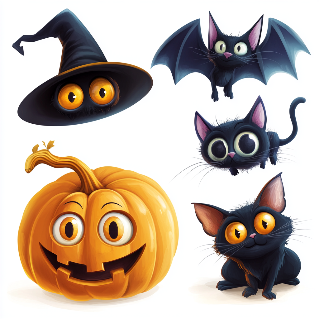 Creepy Halloween Objects: Pumpkin, Cat, Witch, Bat