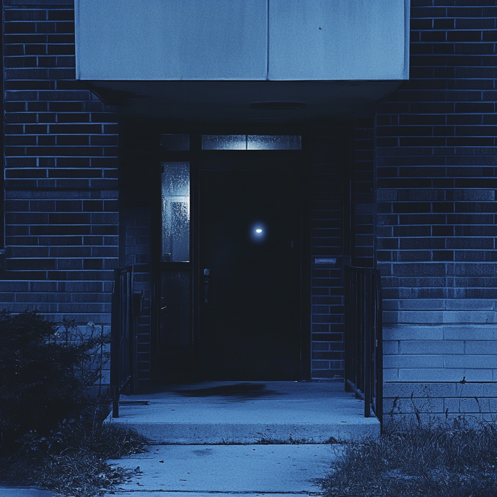 Creepy Nighttime Apartment Building Entrance Surveillance Photo