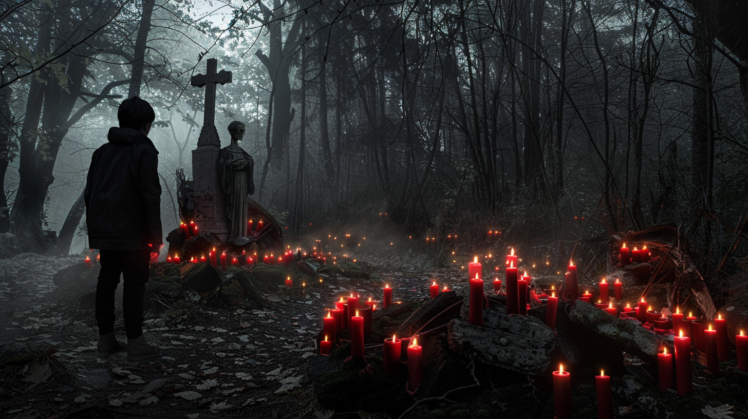 Creepy forest scene with Santa Muerte statue