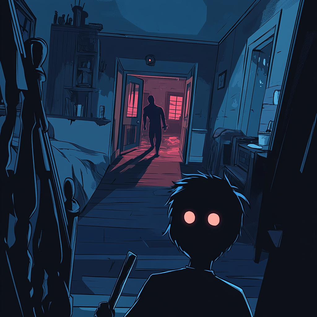 Creepy house with tension, glowing eyes shadowy figure.