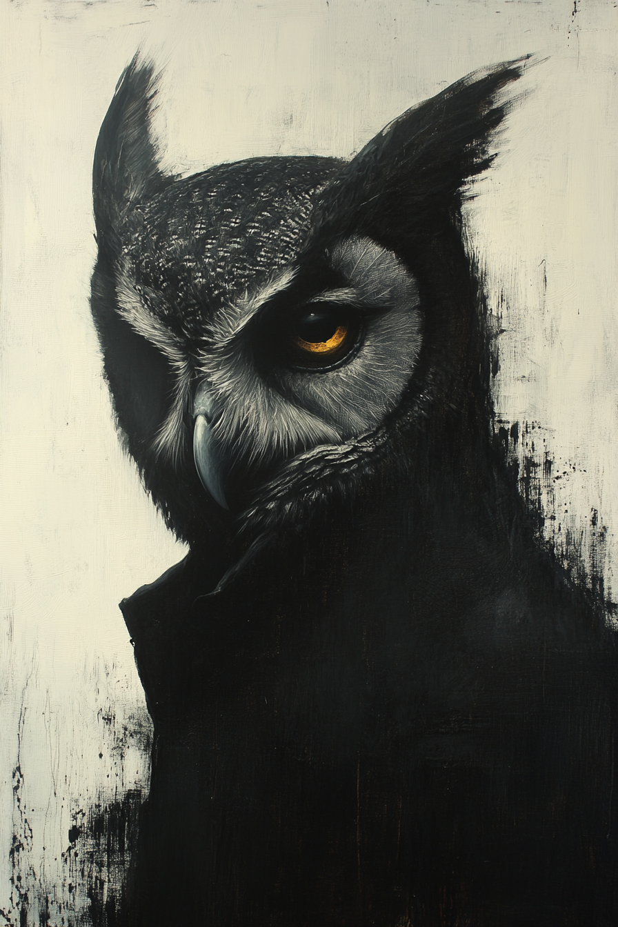 Creepy oil painting of evil owl-headed occult male.