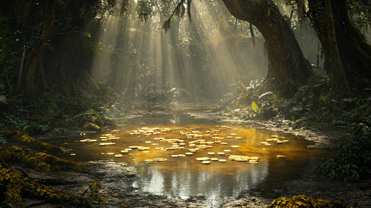 Creepy old lake with gold coins and jungle.