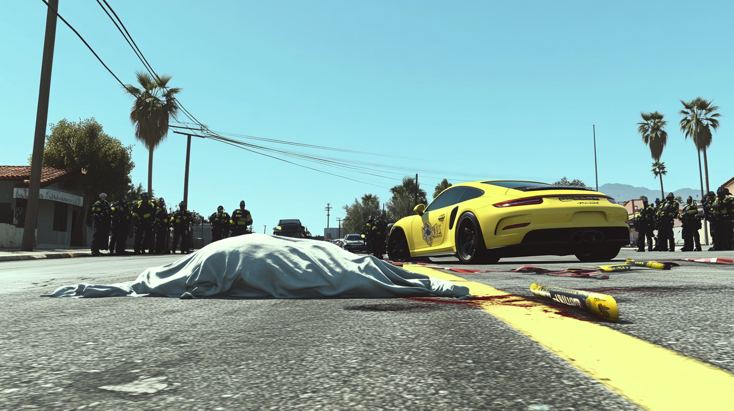 Crime scene with police, caution tape, body, and car.