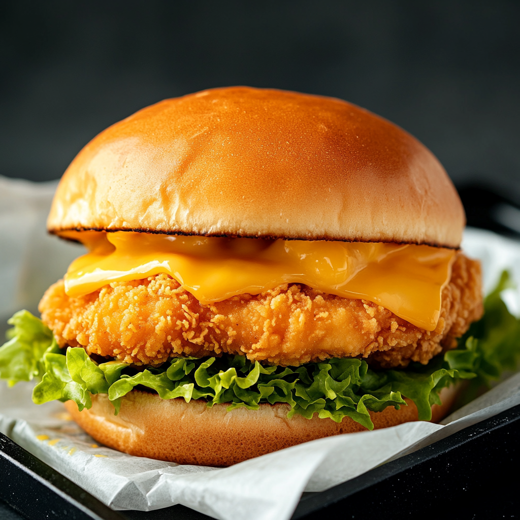 Crispy chicken cheeseburger on Australian bun in Black Tray.