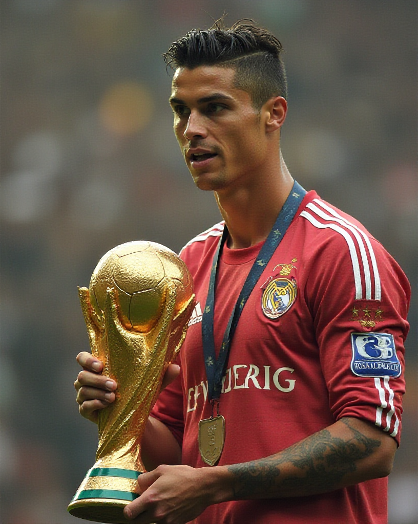 Cristiano Ronaldo holds prestigious World Cup trophy high.