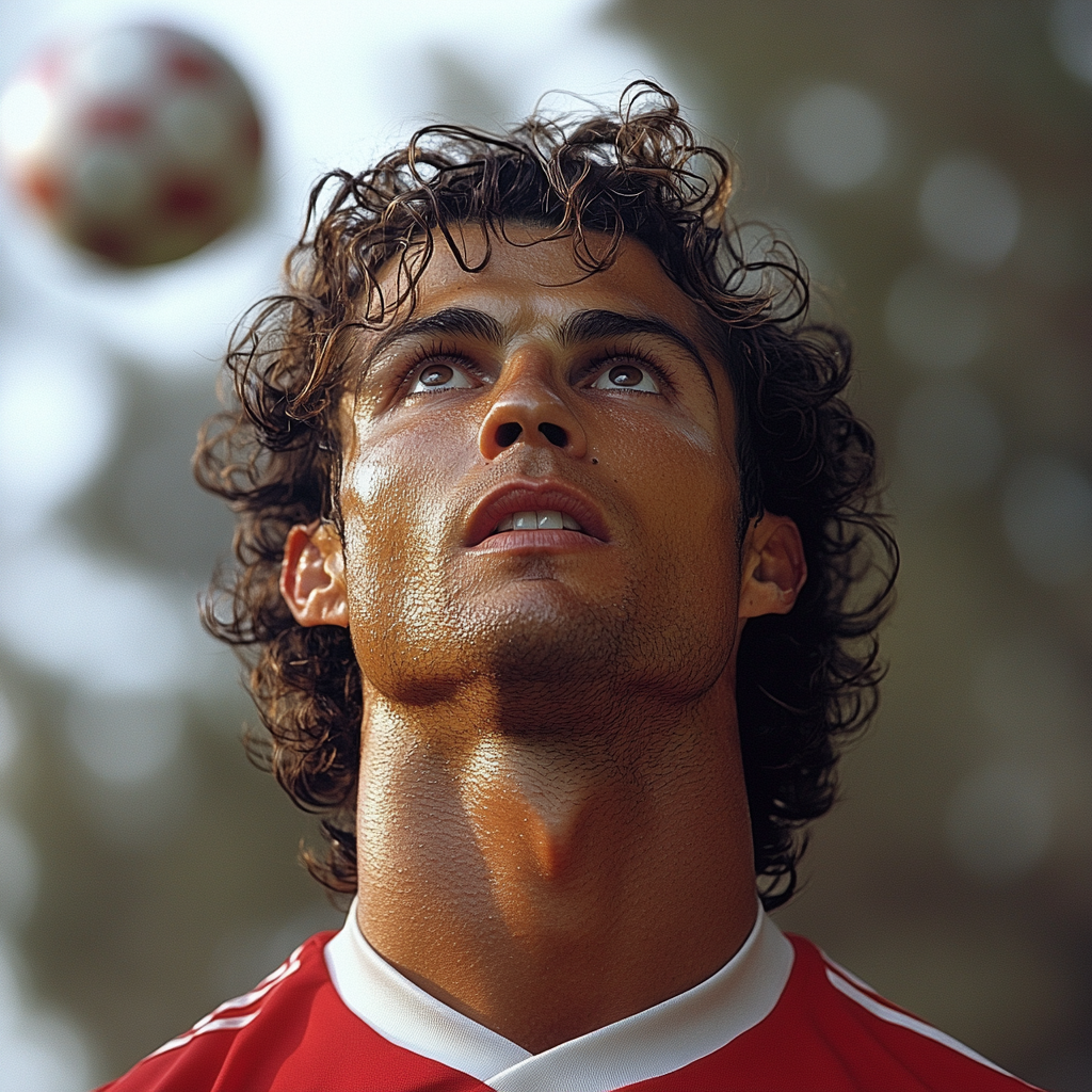 Cristiano Ronaldo wearing Manchester United 2008 jersey, curly hair.