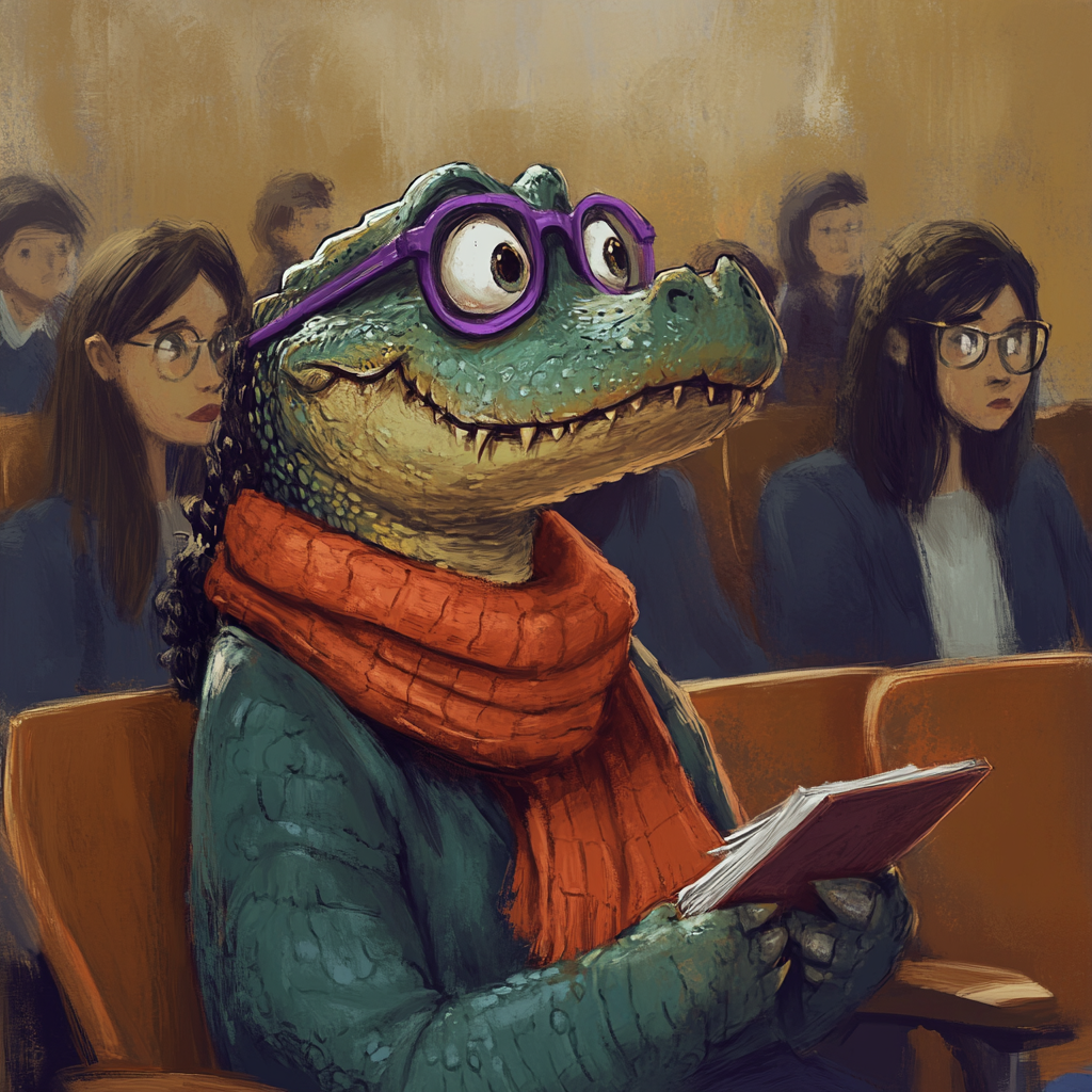 Crocodile in auditorium with red scarf watches young professor.