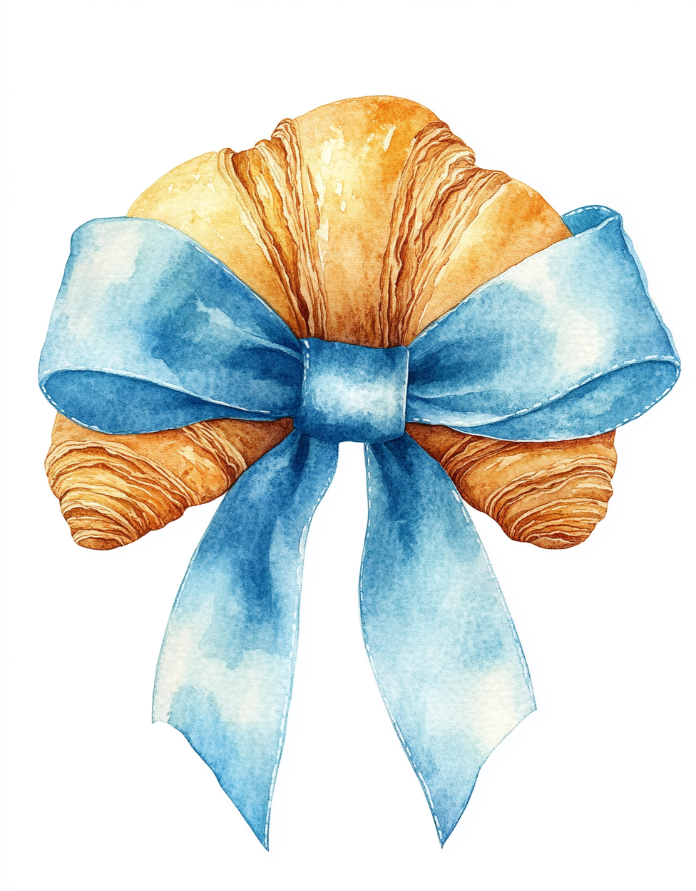 Croissant with blue ribbon in watercolor clipart.