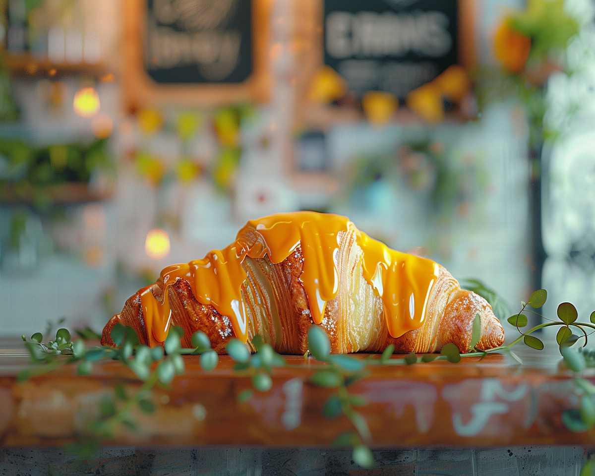 Croissant with orange paint dripping, plastic decoration, greenery.