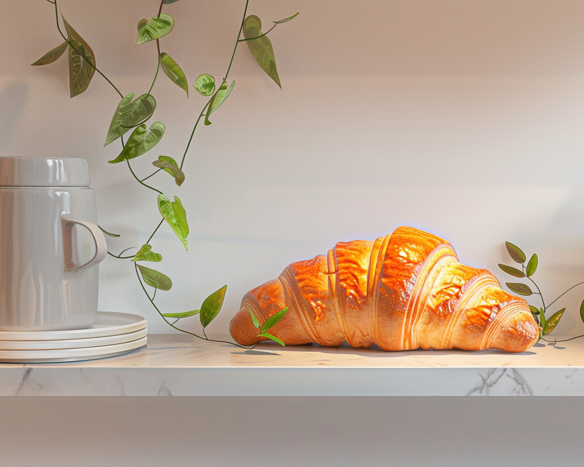 Croissant with orange paint layer on shelf, greenery.