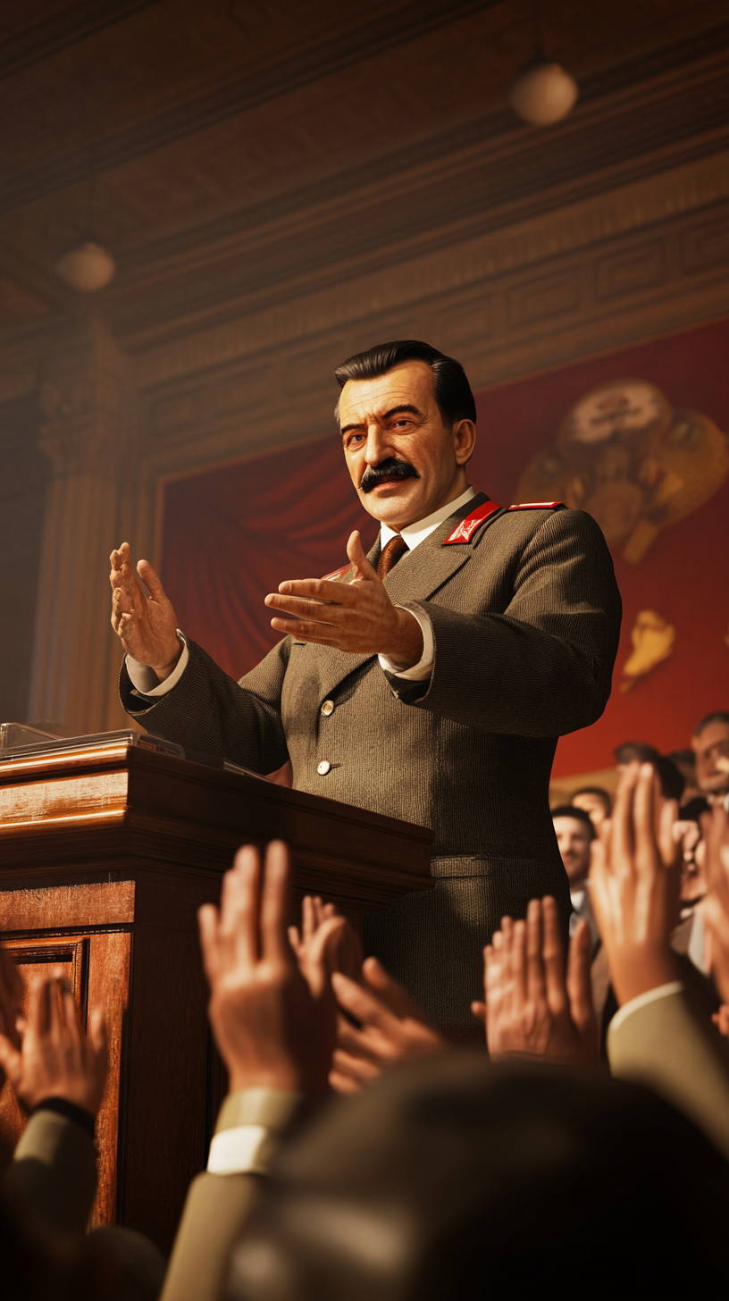 Crowd claps nervously as Stalin delivers oppressive speech.