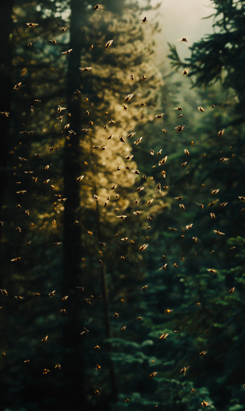 Crowds fleeing trees in cinematic forest scene, IMAX quality