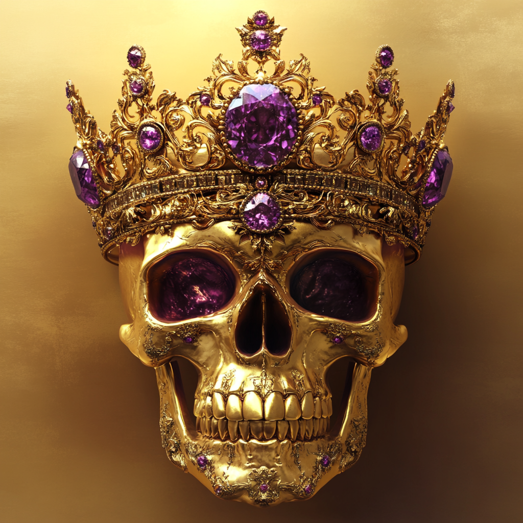 Crown with purple jewels on skull, gold background.